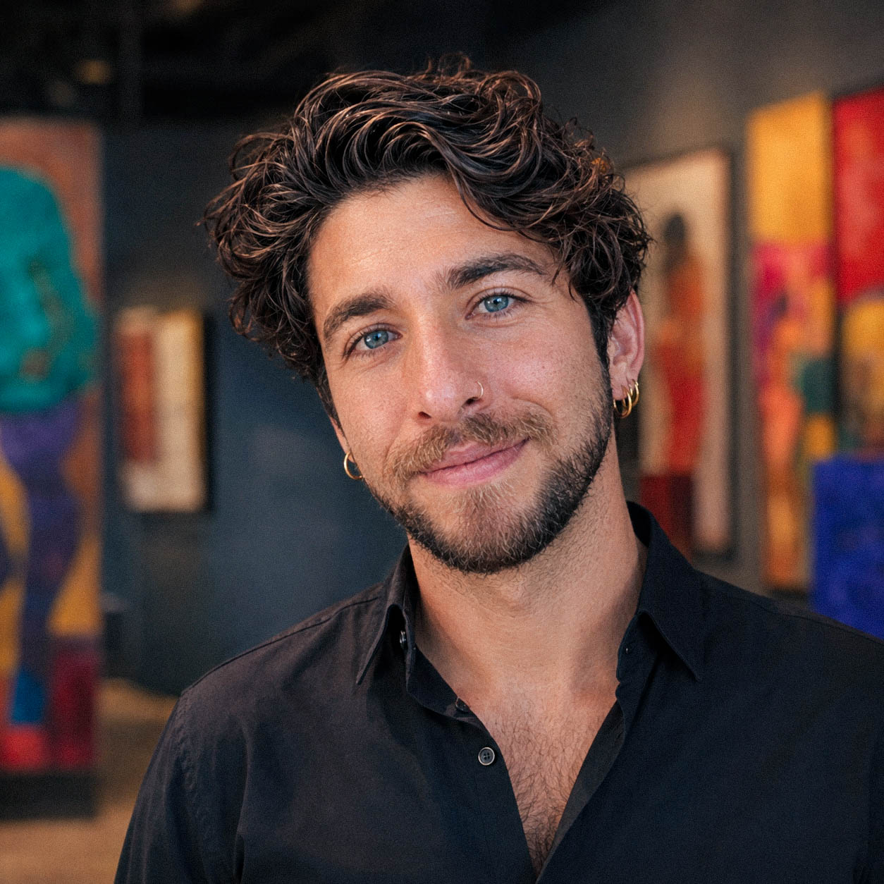 Khevin Mituti, smiling, in a gallery hung with brightly coloured paintings.
