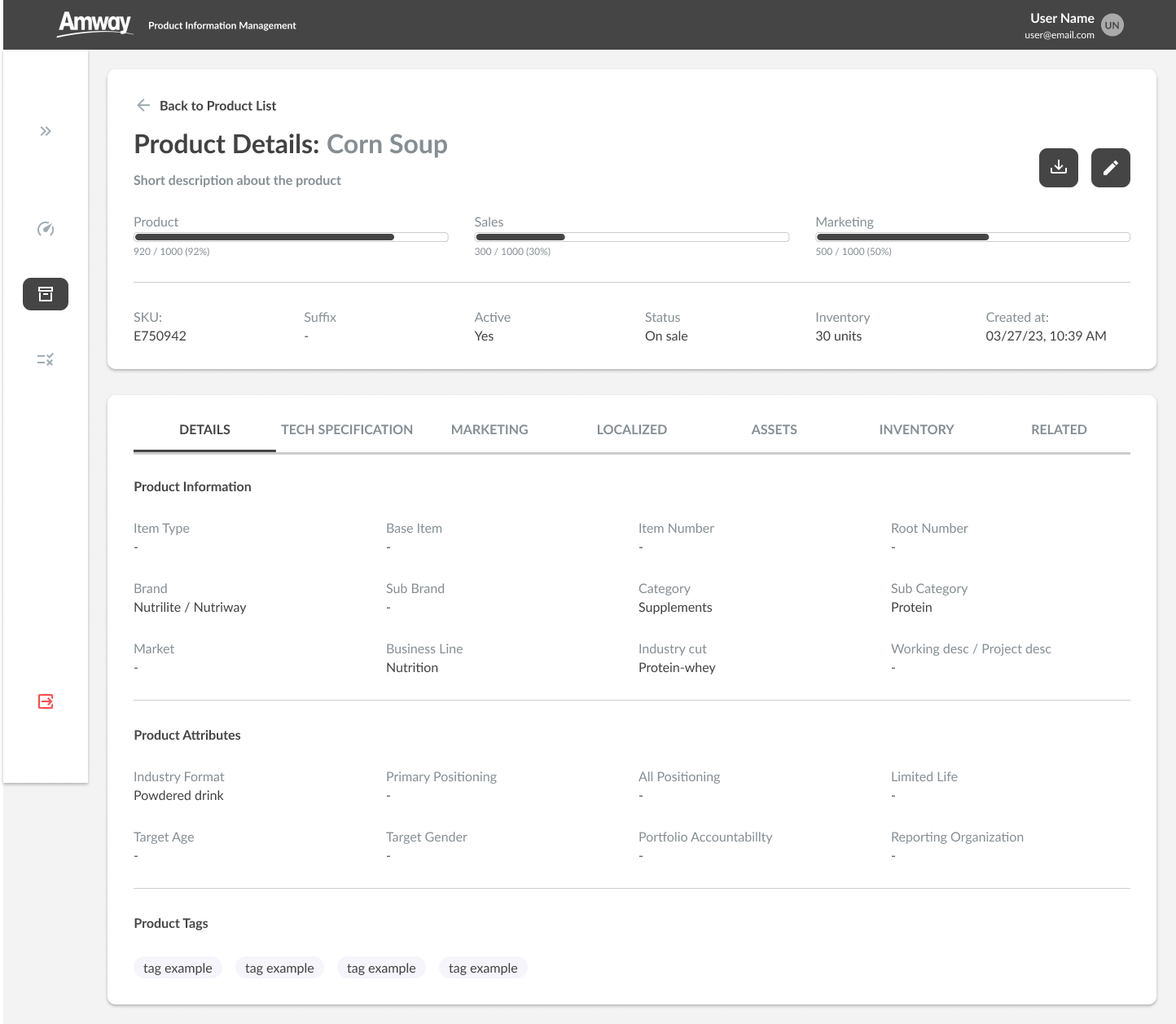 Product Information Management interface
