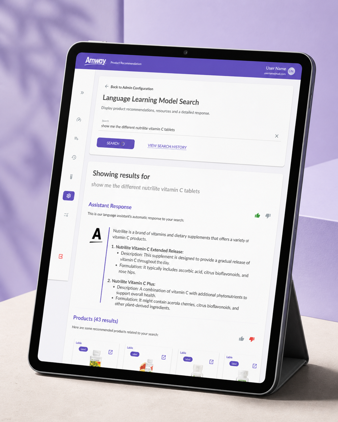 The Amway suite on a tablet — same library, mobile-first composition.