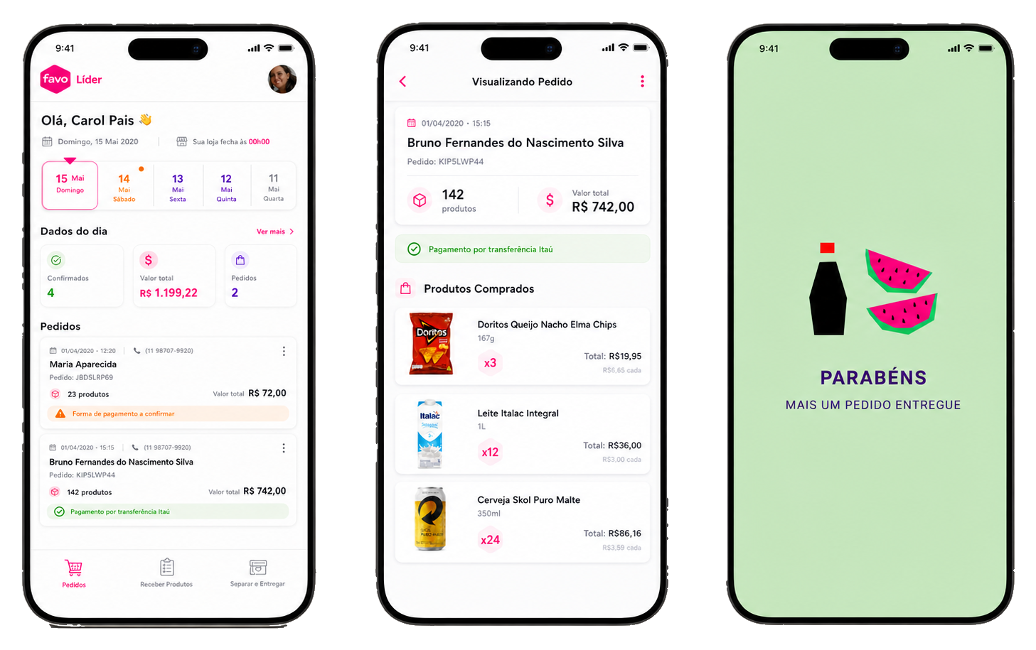 The Favo partner app — catalog, orders, and delivery surfaces, used by 13,000 community entrepreneurs across Brazil and Peru.
