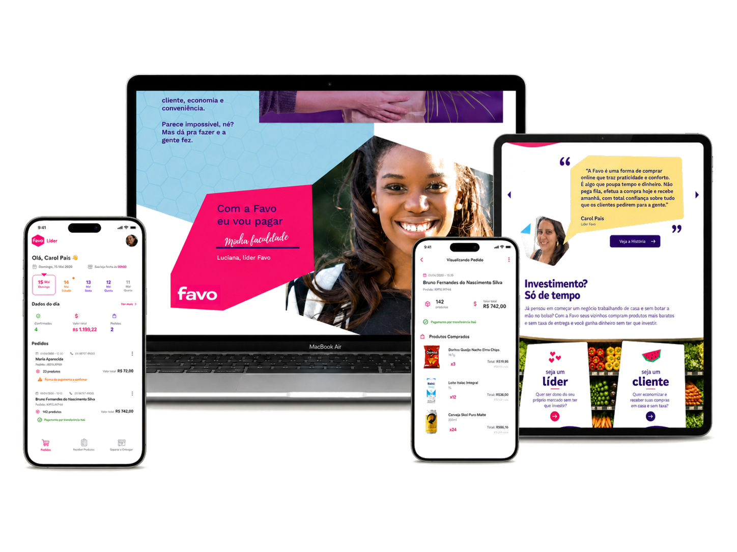 The Favo internal tools — PIM and WMS surfaces shown across phone, tablet, and desktop, built in-house to match the overnight-fulfillment workflow.