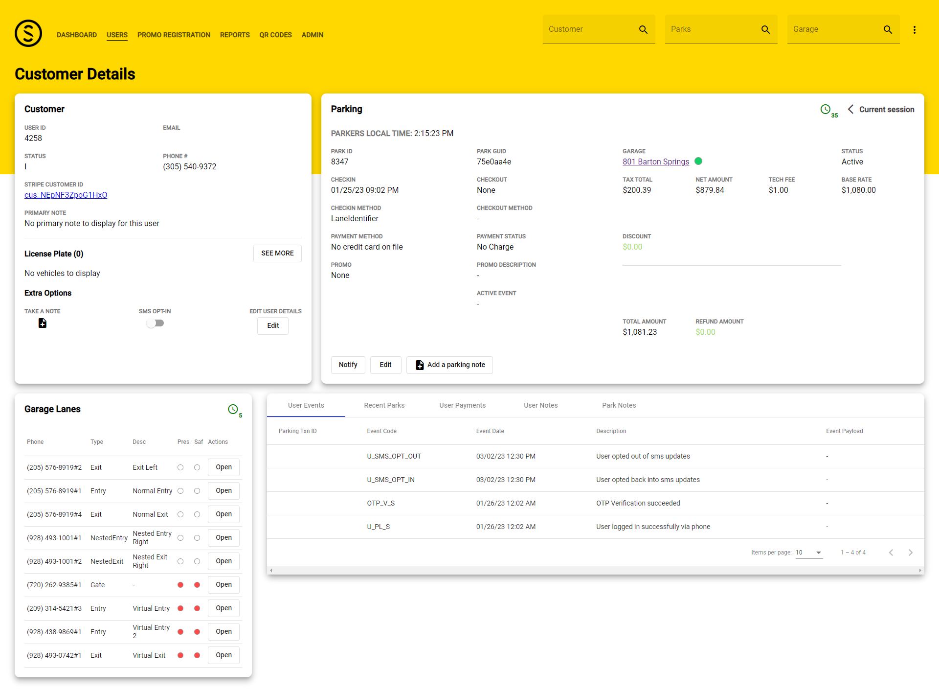 A customer-details screen from the inherited admin portal — too much information per page, undocumented flows, cards layered without a system.