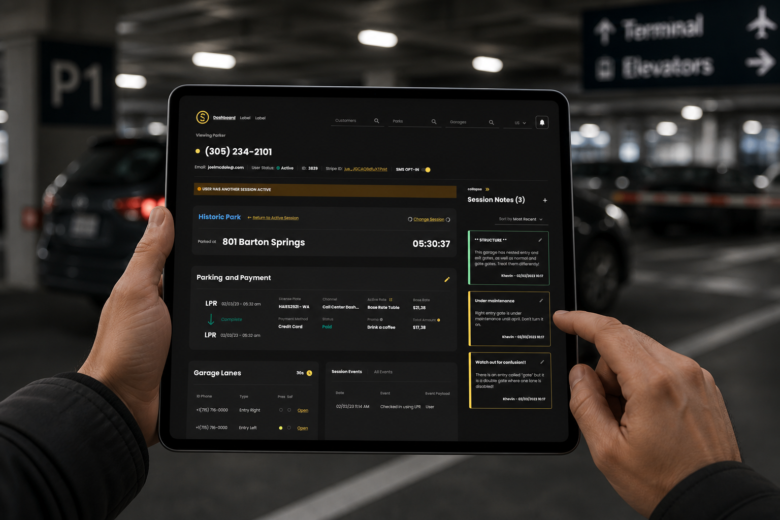 The redesigned admin surface in operator hands, on an iPad in the garage.
