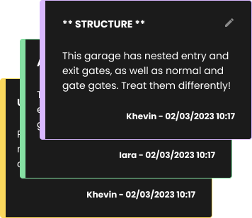 The Notes feature — sticky-note style cross-references between users, garages, and sessions.
